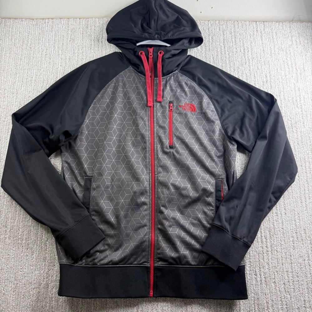 The North Face Mens Full Zip Geometric Print Hoodie Jacket Gray Black Red Size M